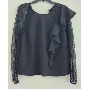 TOP/BLOUSE-GUESS-Black-Front Ruffle-Long Lace Sleeves-Pullover-Size LRG